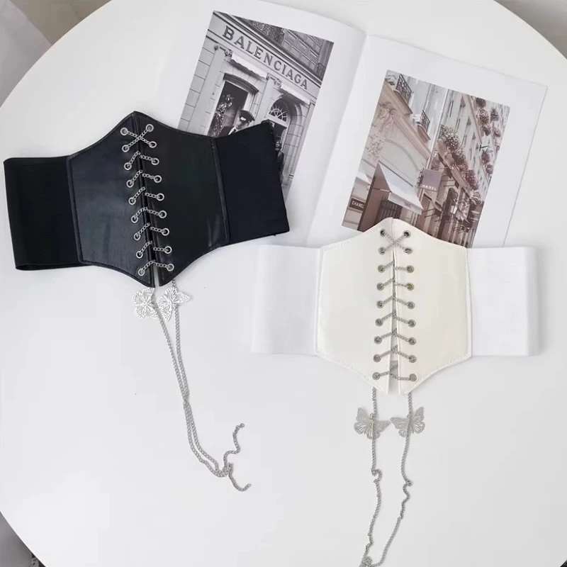 Женский модный корсет с широким поясом из искусственной кожи, эластичный пояс для похудения, цепочка с бабочками, готическое платье, универсальные пояса