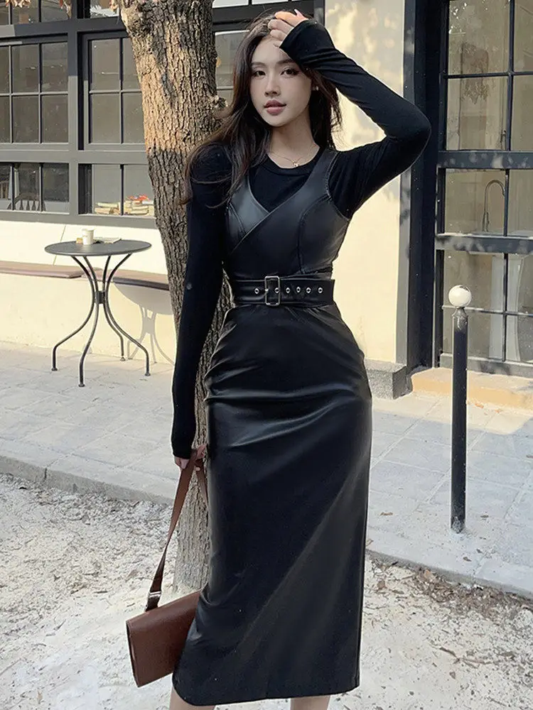 

Elegant Professional Women's Two-Piece Set Inner Wear Top And Skirt Black High Waist Long Sleeve round Neck Spring Fashion