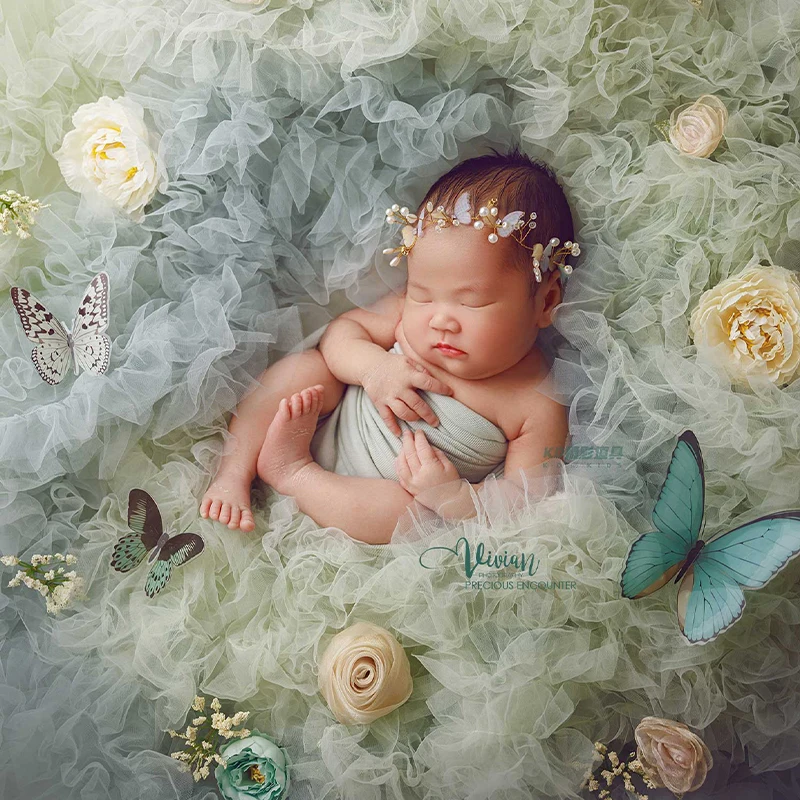 Oil Painting Style Newborn Photography Props Simple Headpiece +Gradient Tulle Background +Butterfly Props for 0-1 Month Babe
