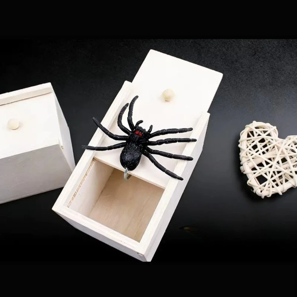 Wooden Surprise Spider Box Hidden Prank Scare Toy Funny Novelty Gift for Office Desk Party Games Holiday and Guest Favors