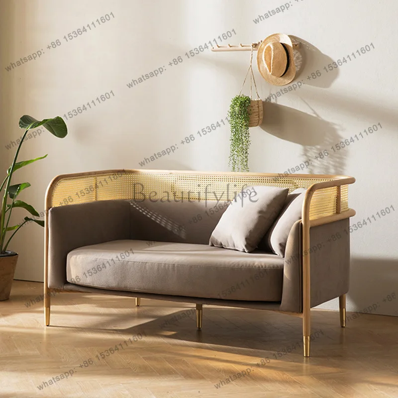 Modern simple rattan sofa household fabric solid wood rattan chair three-person casual sofa chair