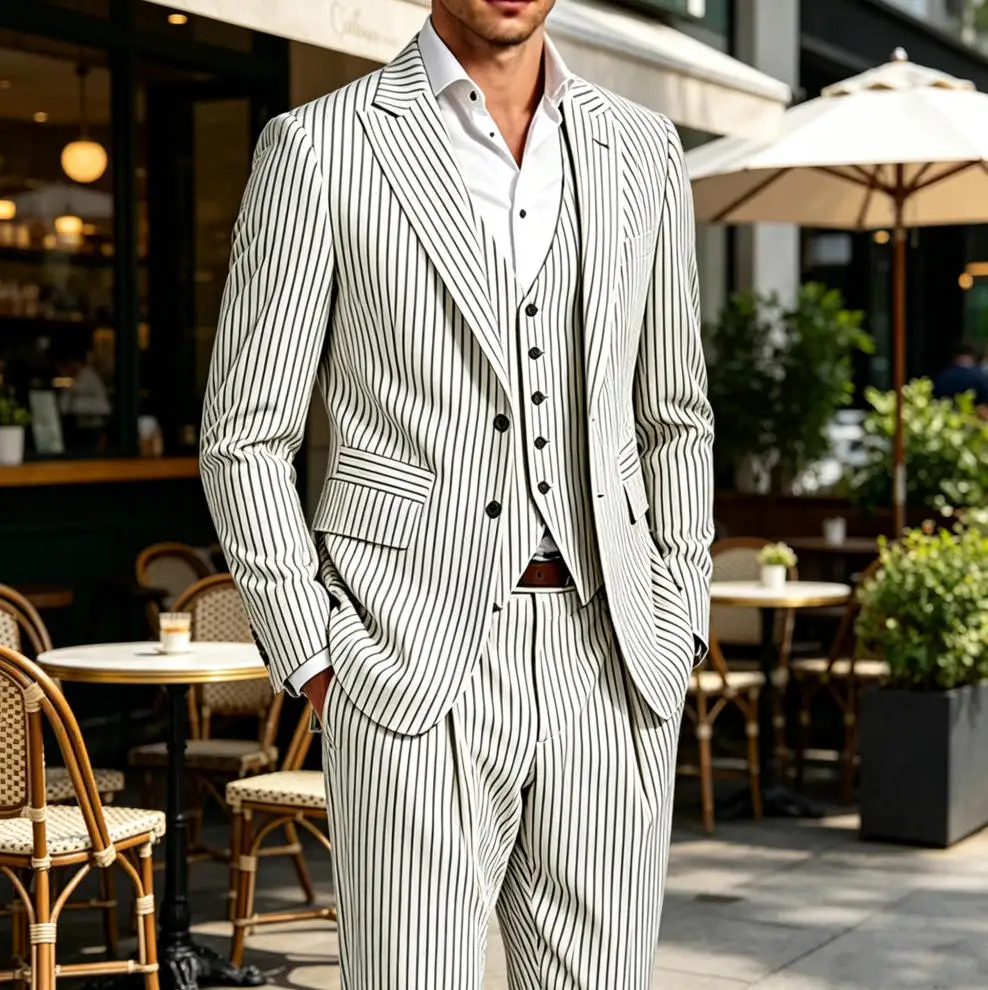 

Men's Pinstripe 3 Piece Suit Notched Lapel Slim Fit Set Blazer Vest Trousers Formal Business Casual Tuxedo Jacket for Wedding