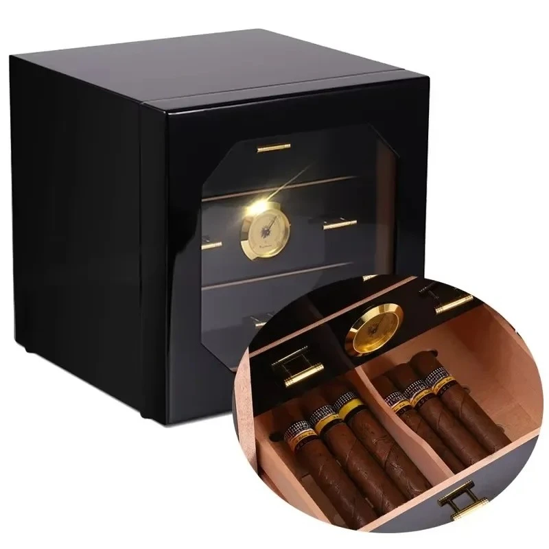 Clear Glass Door Large Capacity Black 3 Cedar Wood Drawer Desktop Storage Box Cigar Humidor Cabinet for 70 Cigars