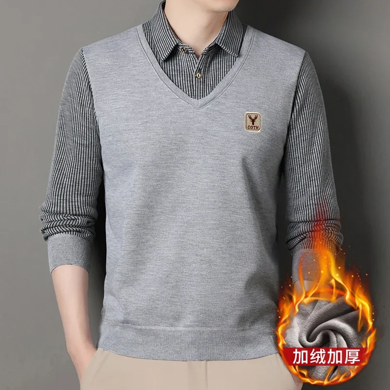 Mens Long Sleeve Fake Two In One Pullover Sweatshirts Vertical Striped Sleeves Woven Patch Plush Lining Relaxed Fit Tops For Men