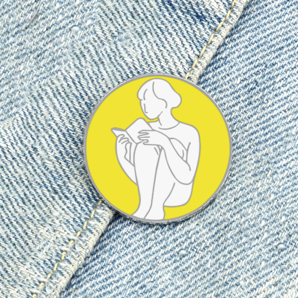 Simple Girl Reading Book Brooch Cartoon Art Abstract Enamel Pins Yellow Round Badge Jewelry Cloth Bag Lapel Pin Gift for Friends