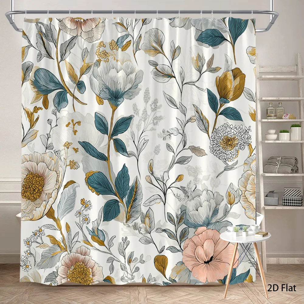 

Сине-золотая занавеска для душа с цветочным узором, полиэфирная ткань, можно стирать в машине, с крючками, подходит для декора ванной комнаты.