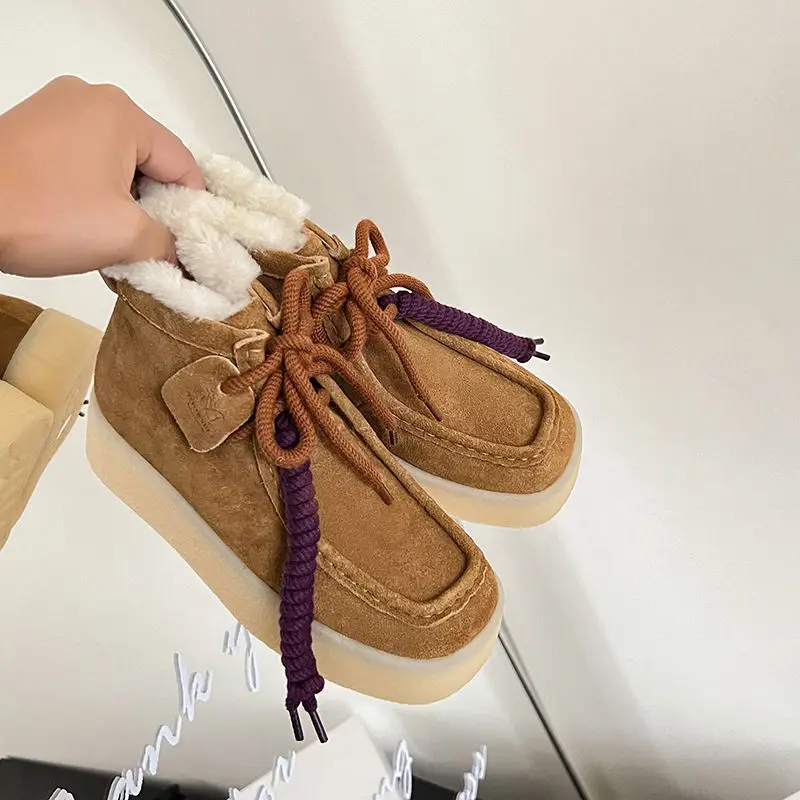 

2026 Новая модная женская обувь Ботильоны Зимняя обувь Коровья замша Плюшевая шерсть Теплые зимние ботинки на плоской подошве со шнуровкой и круглым носком 34-40