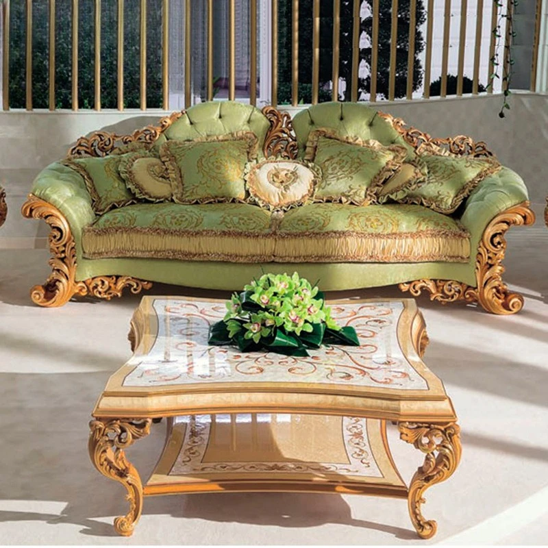 European style living room mahogany carved sofa French shell parquet fabric sofa coffee table villa furniture