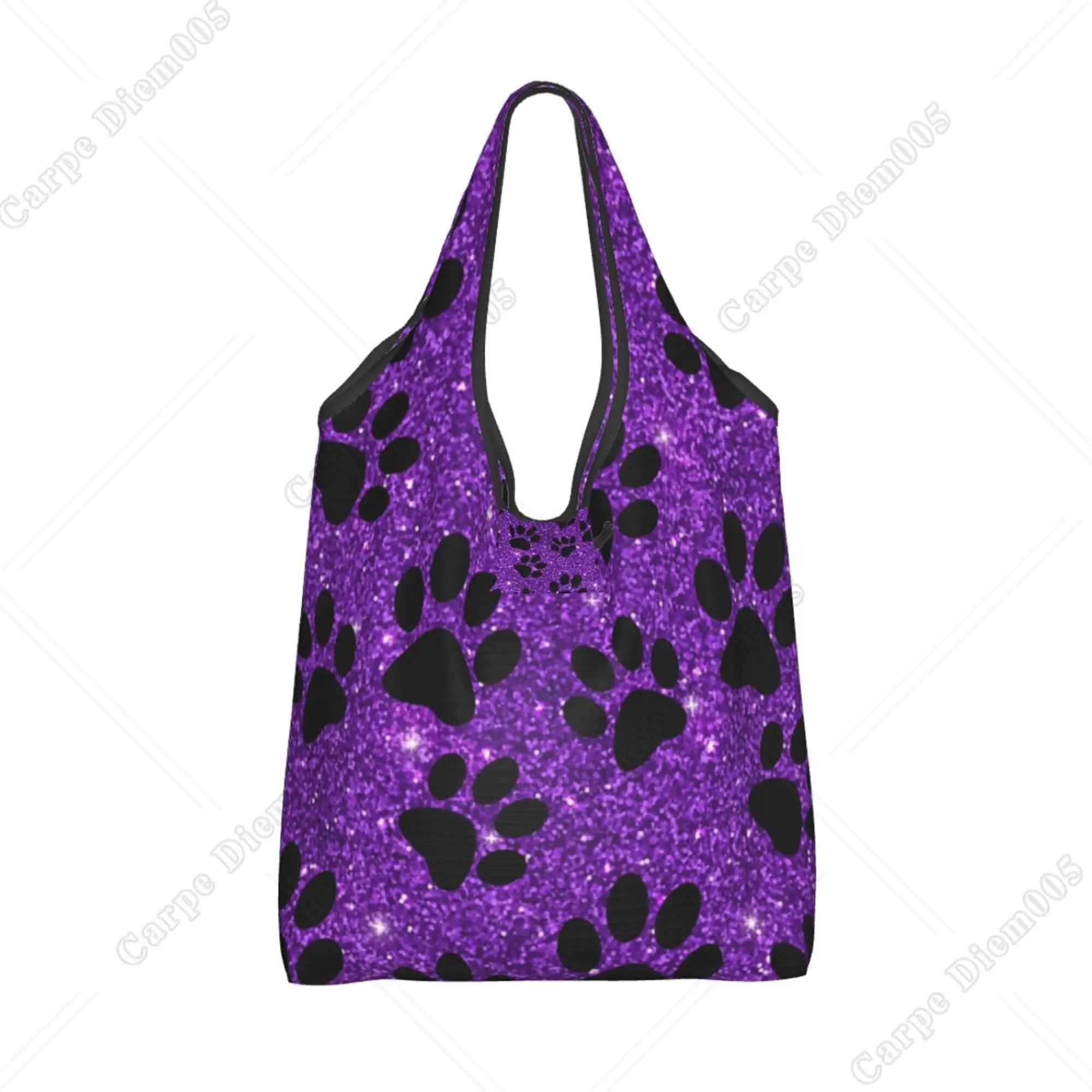 Purple Dog Paws Sparkle Cute Tote Bag Folding Shopper Bag for Women Shopping Work Outdoor Walking Fashion No Zipper Eco