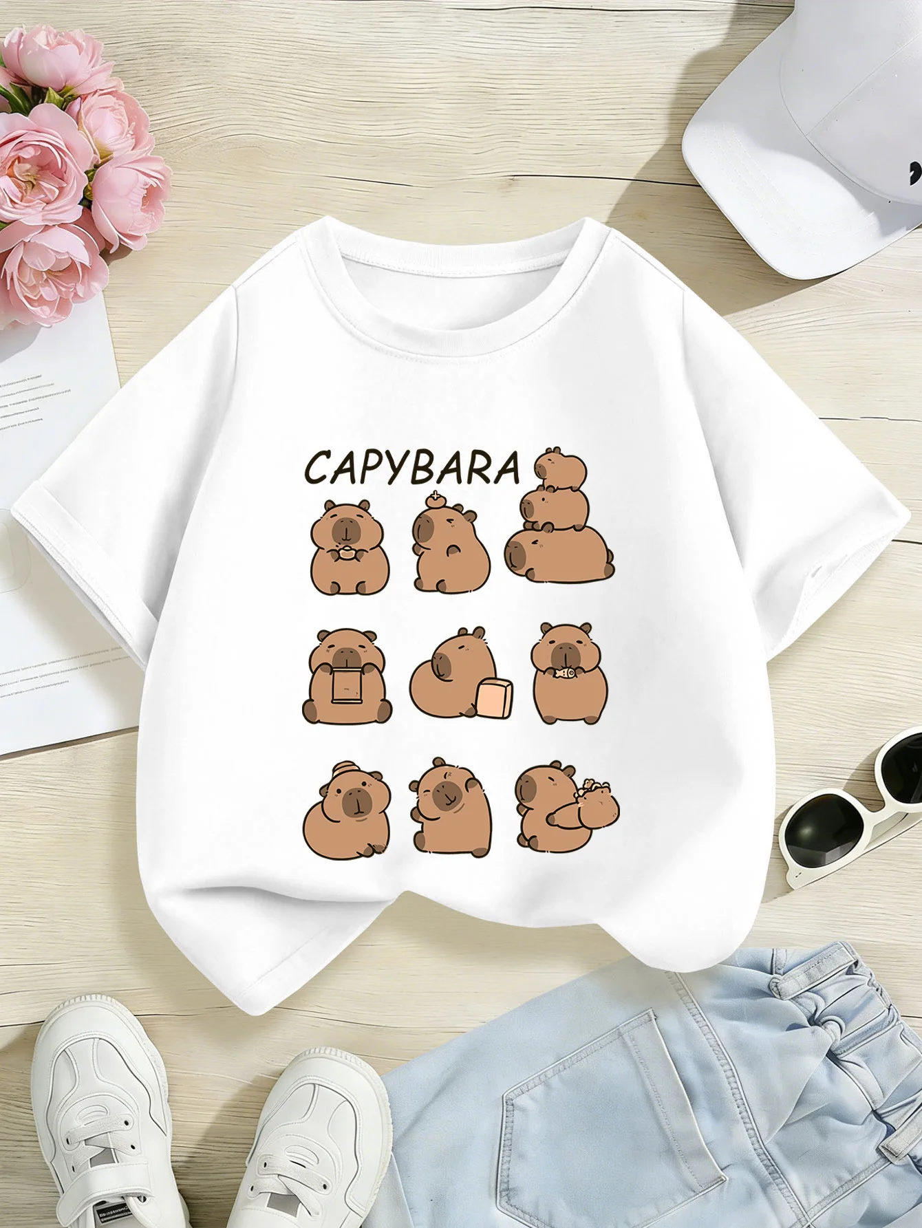 Family Matching T Shirt Multi Pose Capybara Print Boys Girls Cotton Short Sleeve Parent Kid Cartoon Animal Daily Casual Tops