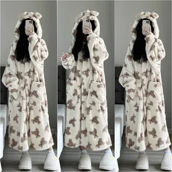 Fall And Winter Thickened Warm Long Coral Velvet Robe Girls Cute Bear Pajamas Women's Padded Plus Size Nightgown Ladies Homewear