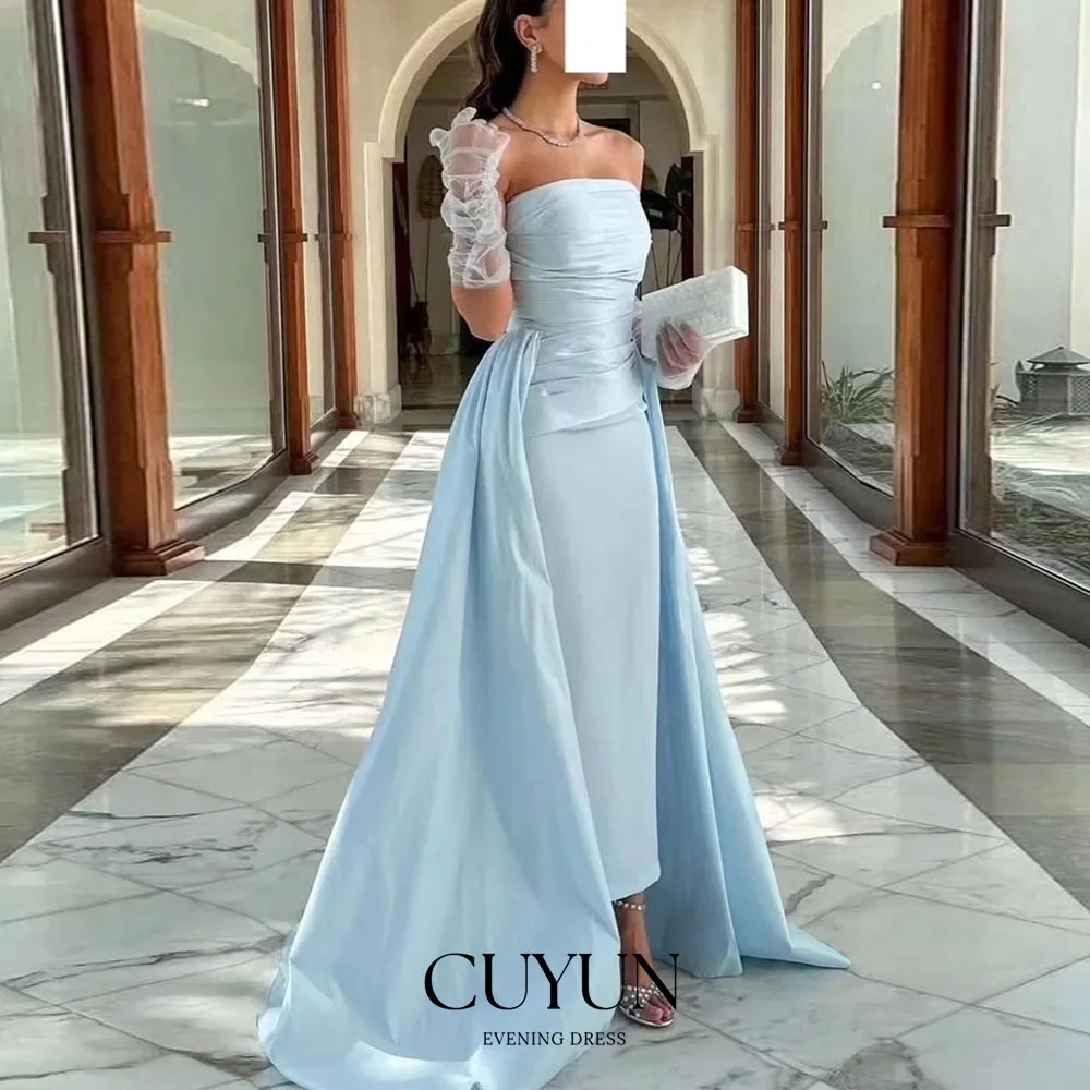 CUYUN Elegant Blue Evening Gown Saudi Arabia Strapless Satin Pleats Prom Gown Long Train With Glove Customized Special Occasion
