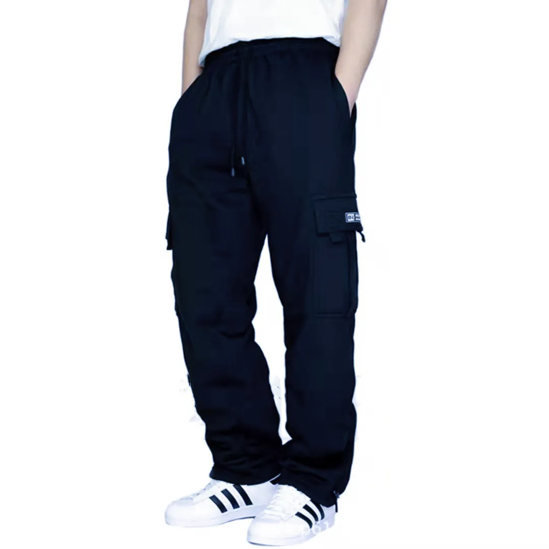 Autumn And Winter New Men Plus Thin Fleece Bunched Feet Tooling Casual Side Pocket Sports Fashion Straight Plus Size Pants