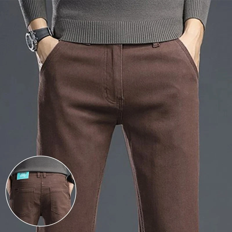 

Мужские осенне-зимние новые повседневные джинсы больших размеров, мужские свободные прямые эластичные джинсовые брюки, модные универсальные брюки кофейного цвета