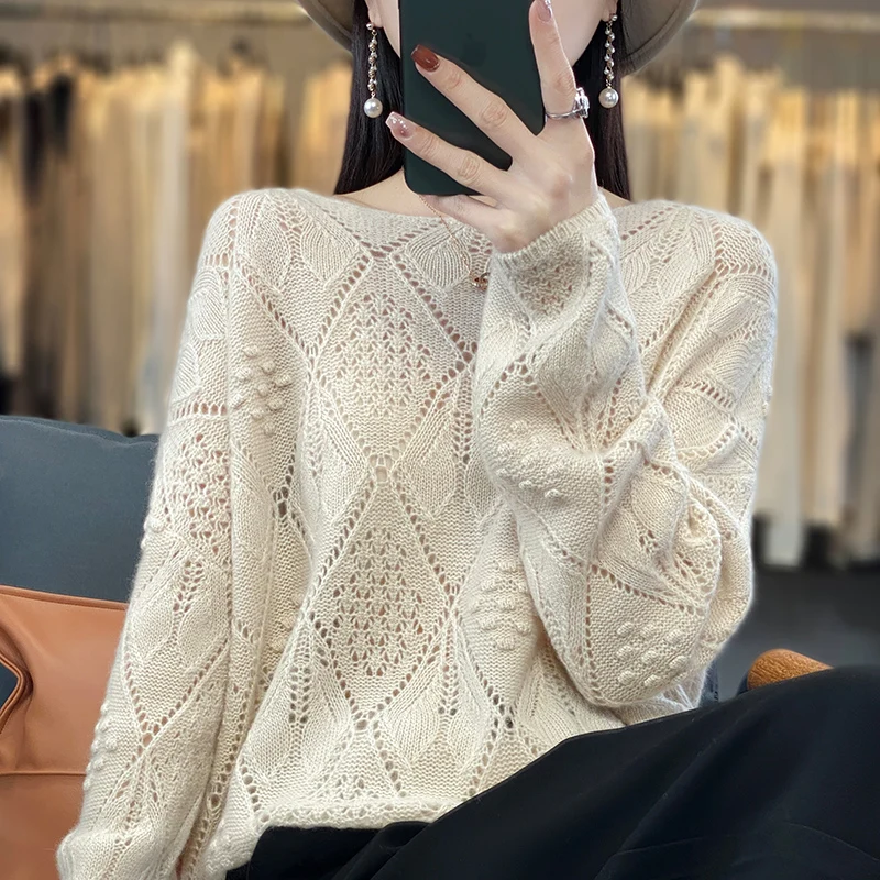 Spring and summer cashmere sweater thin pullover women\'s knitted hollow-out O-neck  women\'s 100% pure wool sweater New products