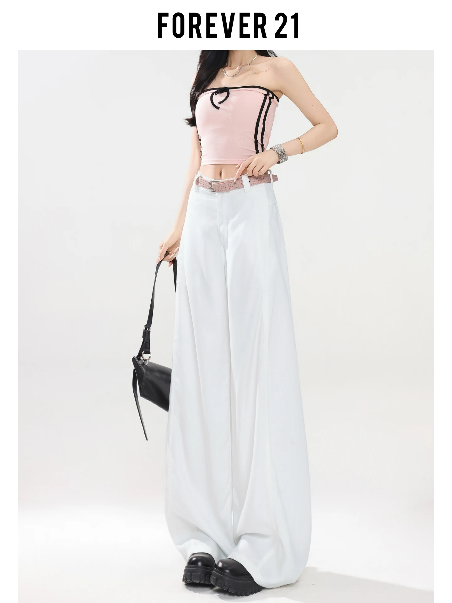 Pantalones vaqueros de mujer Forever 21 estilo americano de cintura alta, pierna recta, corte holgado, blancos, con caída, de pierna ancha, para uso casual