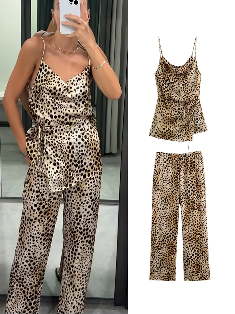 TRAF 2 Piece Fashion Women Leopard Print Pant Sets Asymmetrical Camisole Tops With Belt +Casual Drawstring  Wide Leg Pants Suit