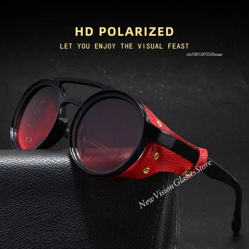 Imagen 2 del producto Gafas de sol Retro para hombre y mujer, gafas redondas de cuero, gafas Vintage antiviento para deportes al aire libre, gafas de sol UV400