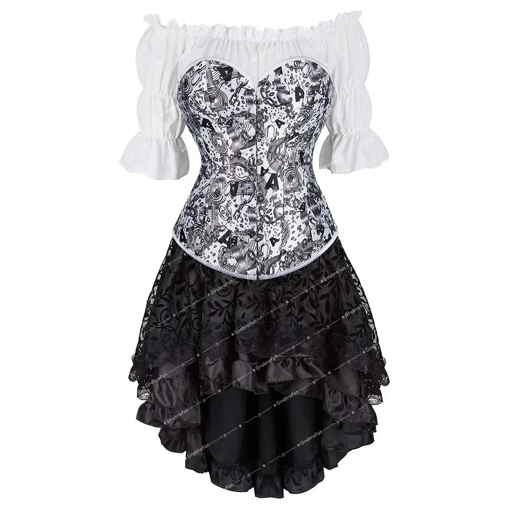 

Women Corset Skirt Blouse 3 Piece Sexy Printing Bustiers Steampunk Korsett Burlesque Bustier Outfits Halloween Costume Plus Size