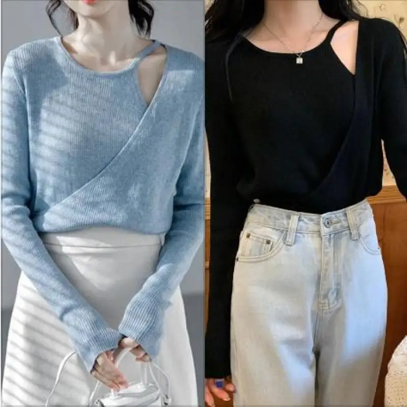 Fake Two Pieces Top Women Knitwear Long Sleeve Slim Knitted Bottoming Shirt