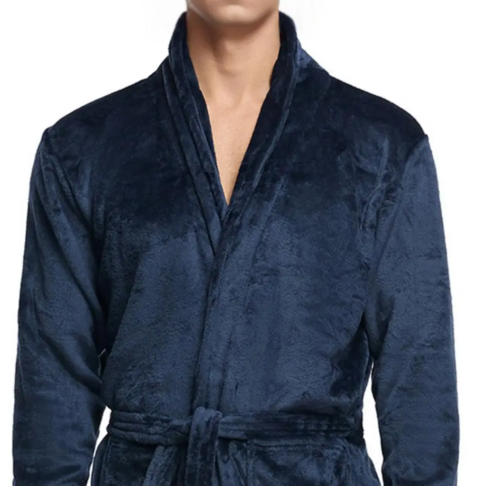 

Sleepwear Soft Pockets Men Coral Fleece Color Long Bath Robe Home Gown Sleepwear Lace-up Open Front Knee-Length Bathrobe