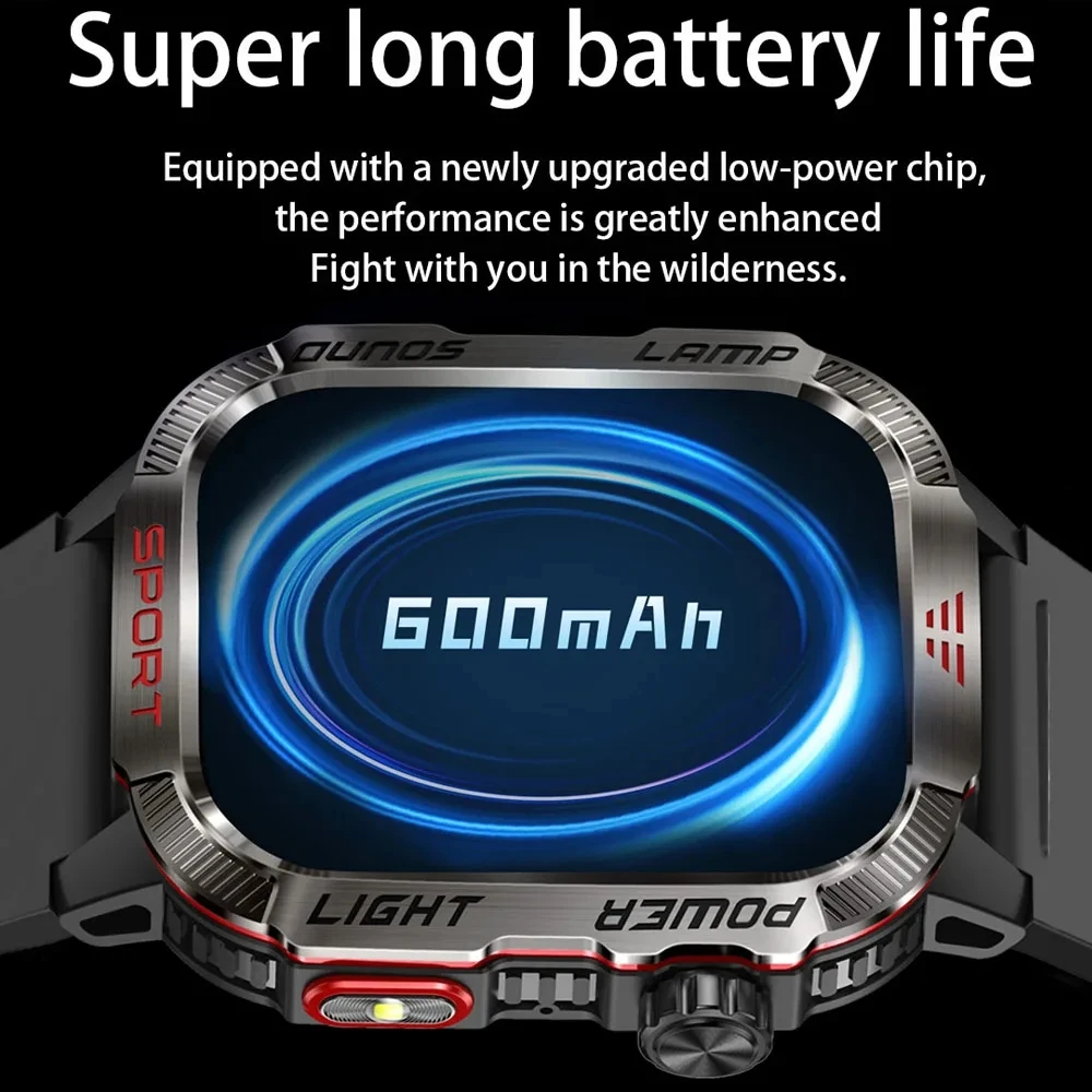 2024 New Sport Smart Watch 2.01 Inch HD Screen 600 mAh Flashlight Compass Heart Rate Waterproof Bluetooth Call Smartwatch Men