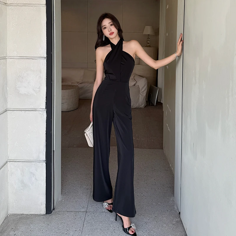 Elegant Black One-Piece Romper for Women Neck Hanging Draping High Waist Wide Leg Pants Cotton Long Pants Summer 2025