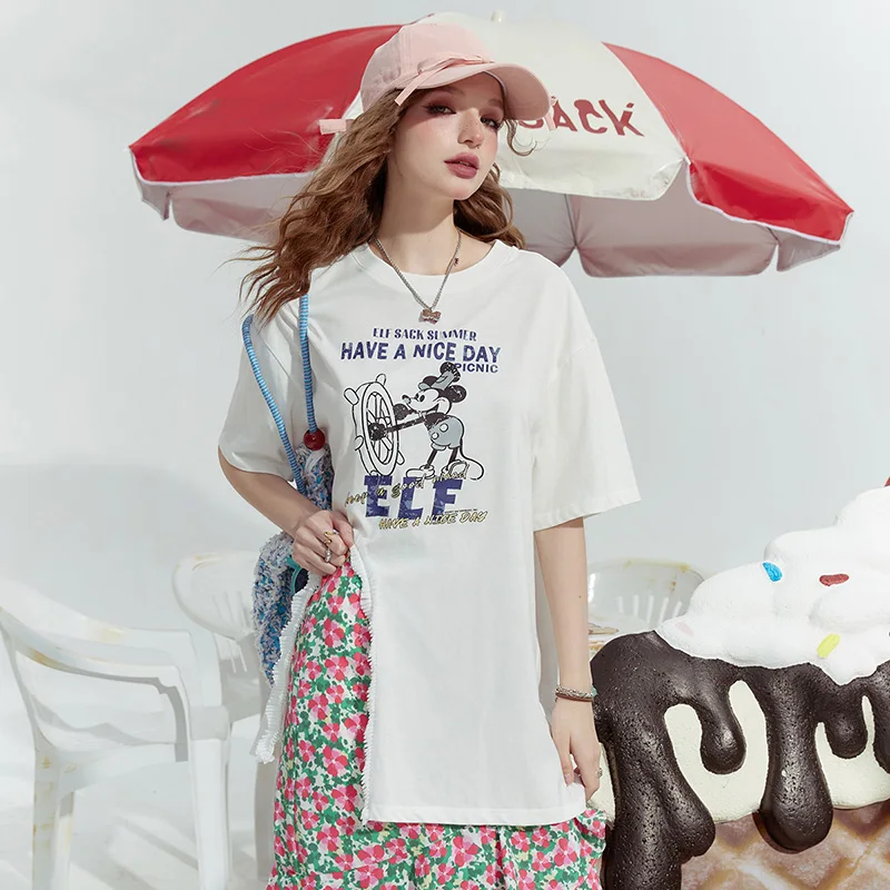 ELFSACK Lavender Oversized Print Ruffle Slit T-Shirt for Women