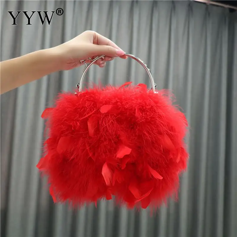 Trendy Designer Female Fur Top Handle Women\'S Bag Luxury Ostrich Feather Crossbody Purses Chain Evening Party Clutch Handbag