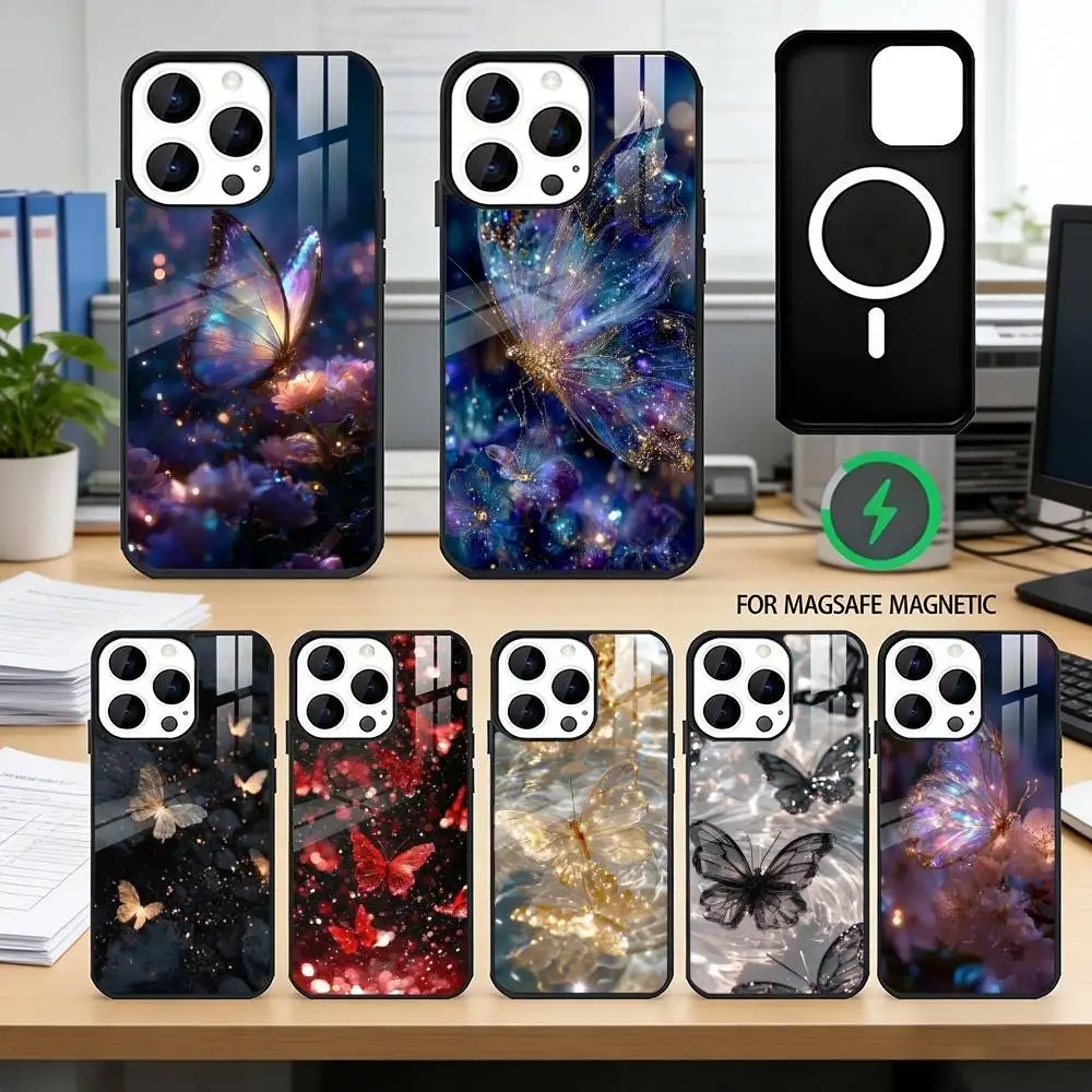 

G-Glow in the dark B-butterfly Phone Case For iPhone17,16,15,14,13,12,11 Plus,Pro Magnetic For Magsafe Wireless Charging