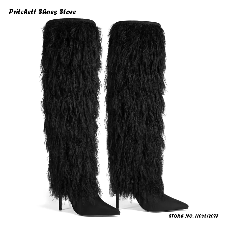Women's Faux Fur Knee-high Boots Solid Shaggy Furry Slip-On Long Boots Fashion Street Style Pointed Toe Thin Heels Footwear