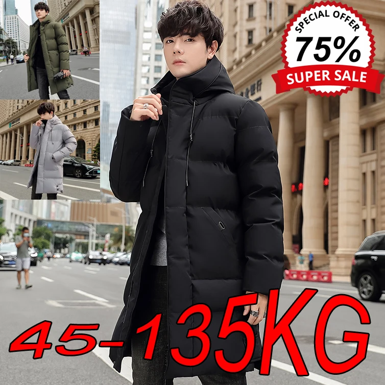 8XL Men's Hooded Parkas Plus Size Winter Thickened Warm Mid-length Tops Big Size Casual All-match Solid Color High-quality Coats