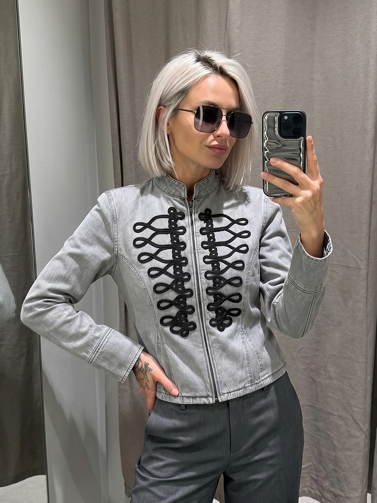 HH Denim Peplum Military Jacket Spring Fall Mandarin Collar Braided Embroidered Zip-Up Fitted Coat for Casual Daily Business