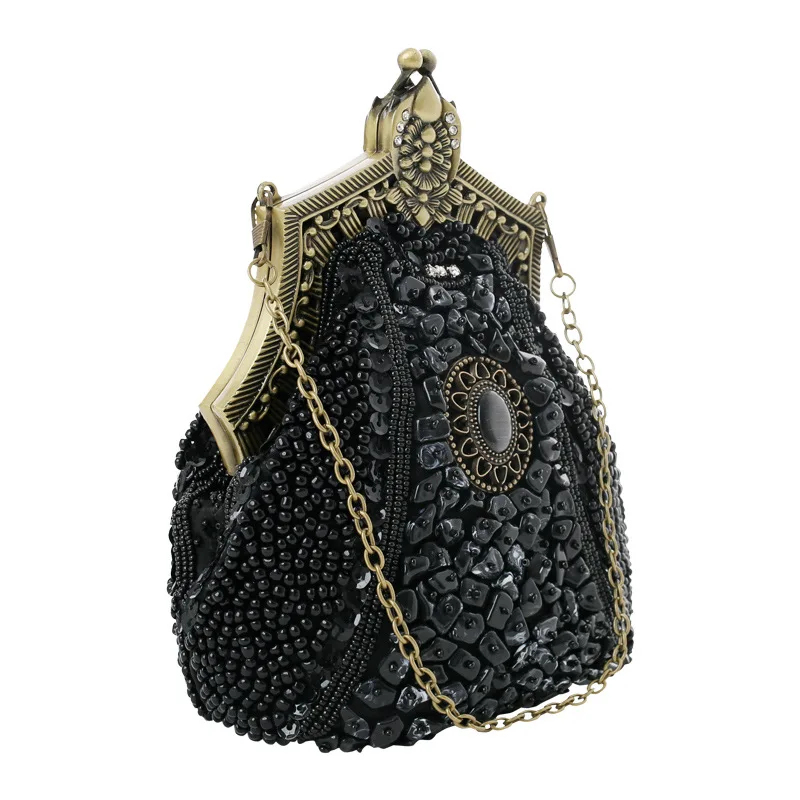 Retro Fashion Pearl Sequin Beaded Clutches Handbag for Women Vintage Antique Gold Color Chain Shoulder Bag Party Evening Bags