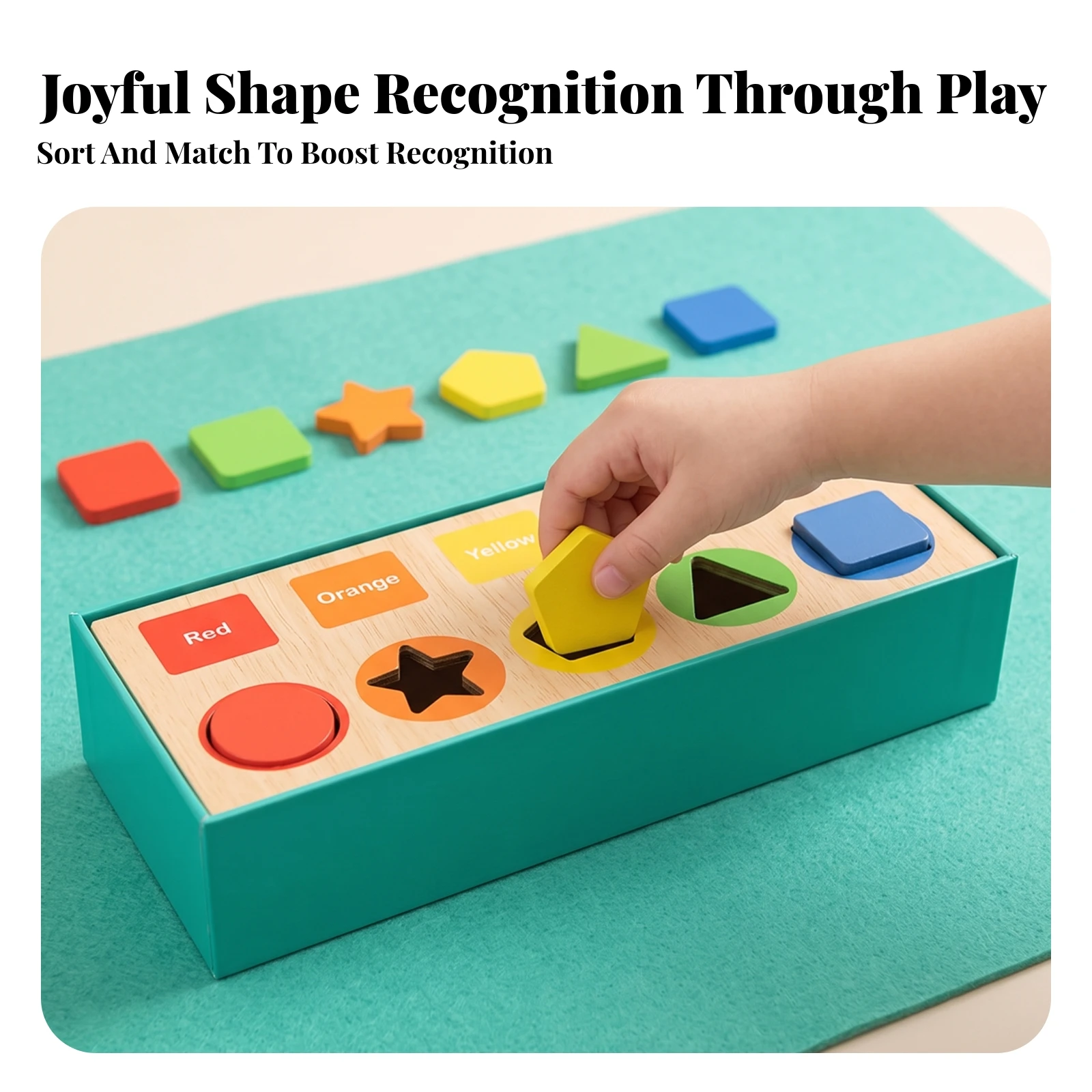 Wooden Shape Sorting Box Solid Wood Shape Sorting Toy with Wooden Blocks Matching Box Classic Color for Toddlers, Home Learning