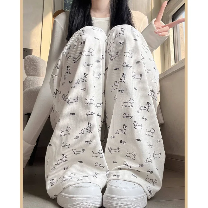 

Летние женские широкие брюки с мультяшным принтом, свободные, прямые, длинные, повседневные, белые