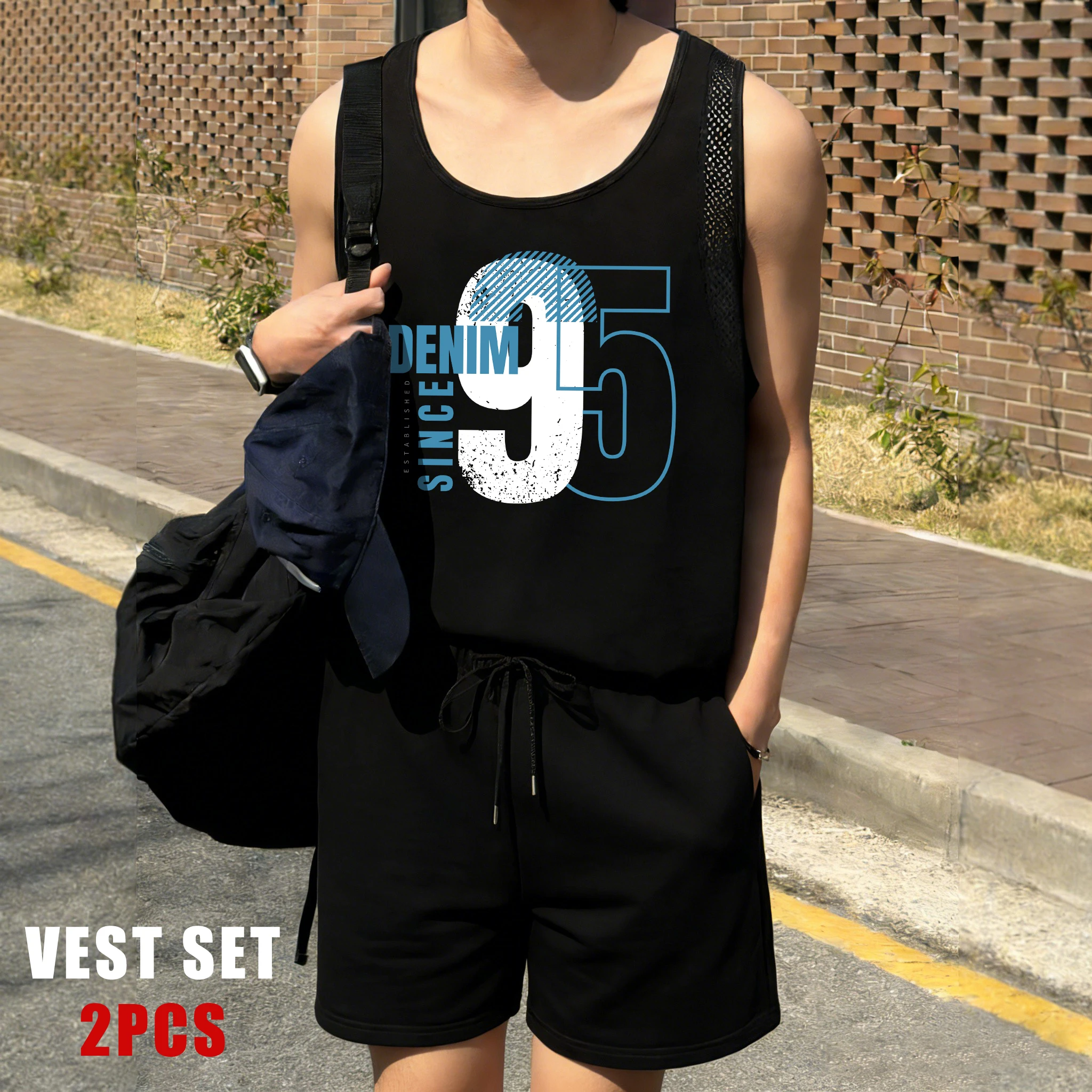 

Denim Since 95 Prints Mens Reticular Vest Set Fashion Sleeveless Tee Basics Sport Drawstring Sweatpants Unisex Soft Clothing