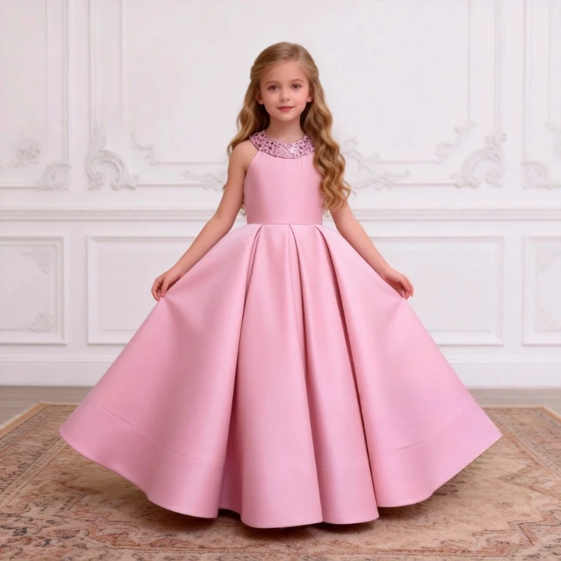 Pink Sweet Children Girls Sleeveless Satin Princess Dress Waist Full Performance Gown Costume Skirt Tutu Birthday Party Host