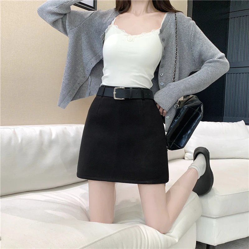 Spicy Girl Woolen Mini Skirt High Waist Slim Fit A-Line Short Skirt for Women Autumn Winter Versatile Body Has Inner Shorts