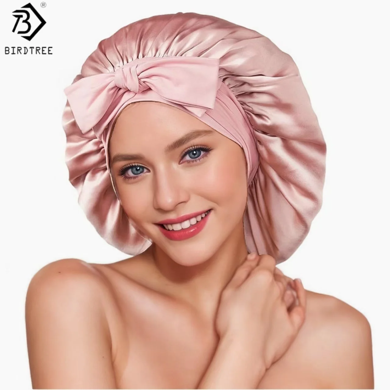 Birdtree, 16MM 100% Real Silk Bow Bonnet, Women Double Layer Sleeping Night Cap, Pure Hair Wrap Elastic Headwrap A62301JF