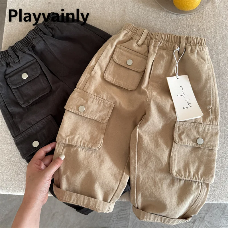 

2025 New Children Unisex Casual Pants Spring Autumn Boys Girls Black Dark Khaki Cargo Pants Kids Loose Wide Leg Trousers A3892