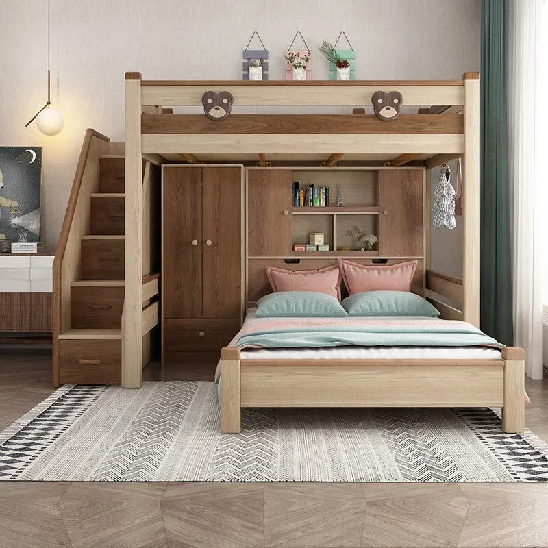 Staggered Bunk Bed for Children and Adults Double Deck Mother Child Bed Space Saving Up and Down Bed Frame for Bedroom