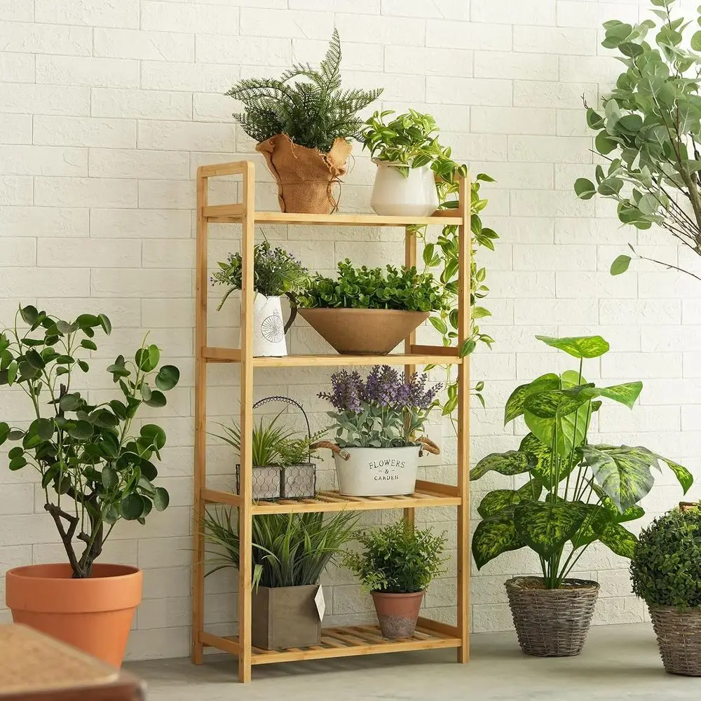 

4-Tier Bamboo Indoor Plant Stand - Adjustable Shelving for Multiple Plants, Ideal for Living Room, Balcony, Window, and Patio (N