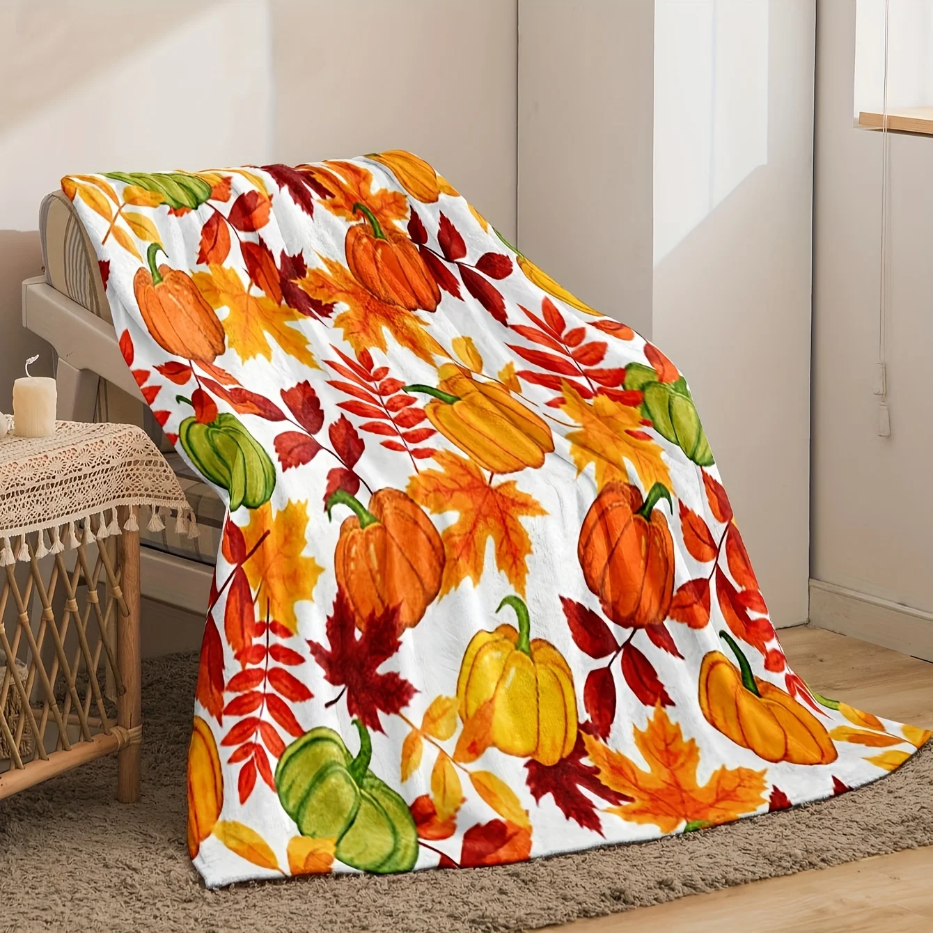 Cozy Autumn Maple & Pumpkin Flannel Throw Blanket - Perfect for, Sofa, Office Naps & Travel | Machine Washable, All-Season Comfo
