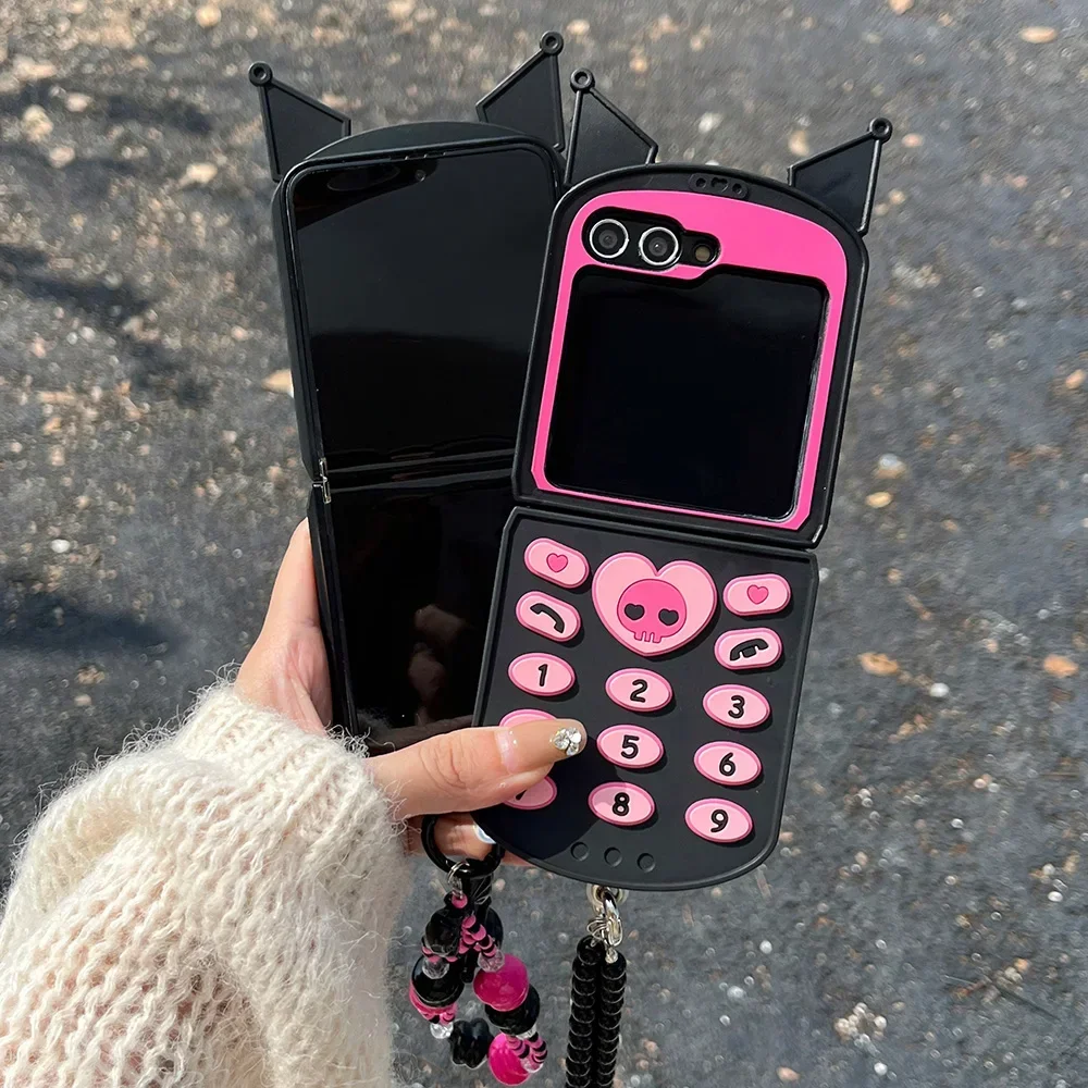 Kawaii Kuromis with Lanyard Telephone Phone Case for Samsung Galaxy Z Flip 3 4 5 5G PC Hard Anti-drop Back Cover Funda