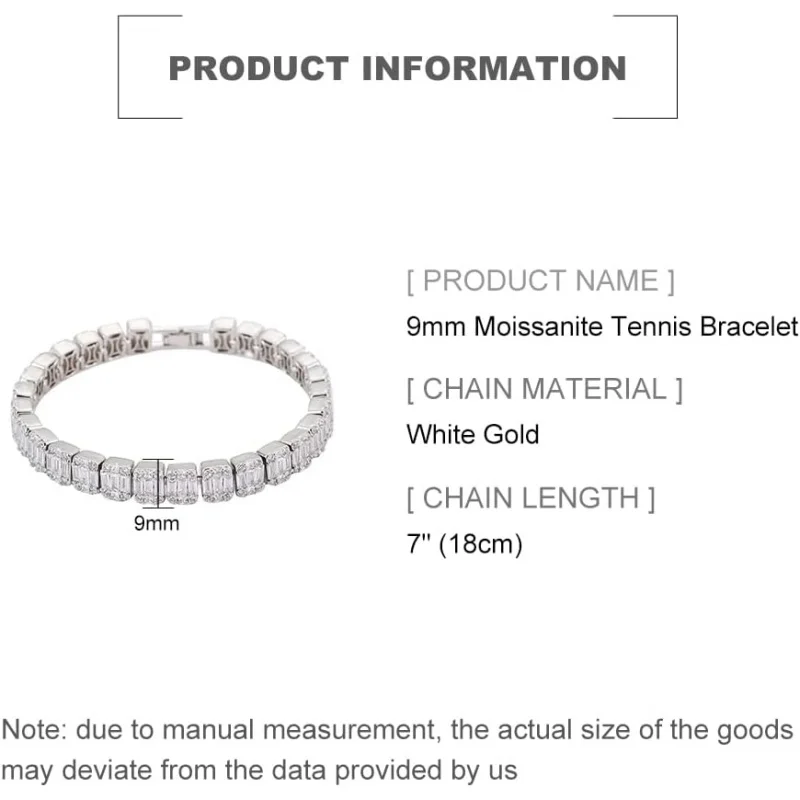 9Mm Round Cut Moissanite In 18K Gold,Dainty Rectangle Shape Nature Crystal Tennis Chain Bracelet,Luxury Jewelry