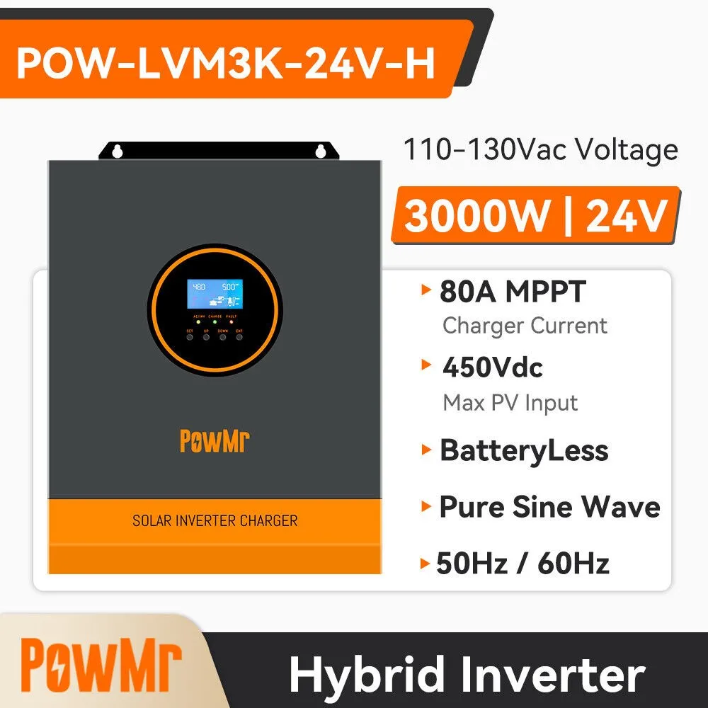 

PowMr 3000W 24V Hybrid Inverter 24VDC to 110V/120VAC Off-Grid 120VAC 80A MPPT Charge Controller PV 500V Pure Sine Wave Inverter
