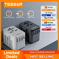 TESSAN-Adaptateur universel de voyage avec port USB et type C, adaptateur d'alimentation mondial, prise EU, UK, USA, AUS