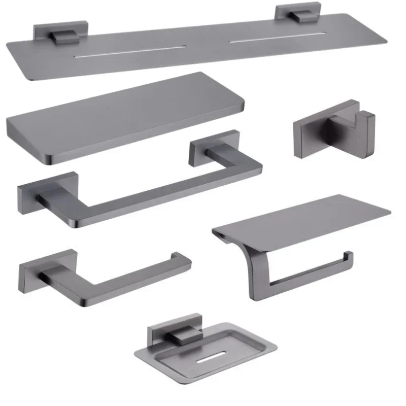 Gray 304 Stainless Steel Towel Rack Toilet Brush Holder Soap Dish Toothbrush Holder Towel Bar Hook Bathroom Hardware Set