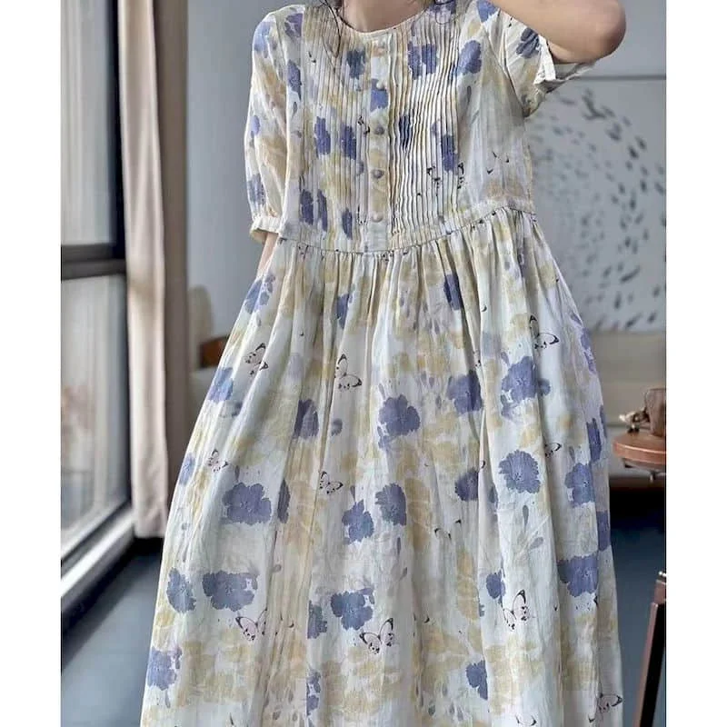 Women Dress Oversized Vintage Organ Folds Half Sleeve A-line Loose Korean Fashion Large Size Mid-Calf Dress for Women Clothing